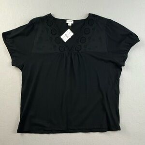 J. Crew Top Women's XL V-Neckline Short Sleeve Eyelet Detail‎ Blouse Black New